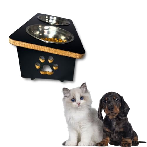 Comedouro Inclinado Elevado Cachorro Gato Duplo Tigela Inox (Preto)