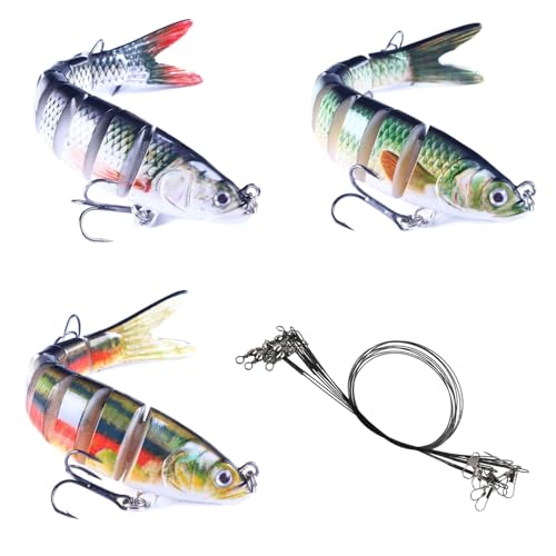 3Pcs Multi Jointed 3D Lifelike Fishing Swimbaits Lures with Storage Box and 9Pcs Black Steel Wire Leaders, Artificial Sinking Hard Lures for Bass, Pike, and Predatory Fish ﻿