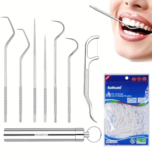 Image of Solitude 7 in 1 Teeth Cleaning Tool Kit | Portable Stainless Steel Dental Tools for Outdoor Camping, Travel, and Braces Maintenance | Toothpicks Pocket Set with 50 Pieces Dental Floss