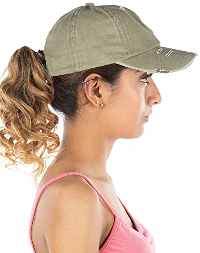Funky Junque Ladder Back Hat Womens Baseball Cap Distressed Ponytail - Olive #TOP5