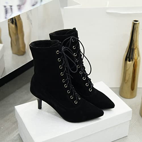 VOKLIN Women's Pointed Toe Elegant Dressy Ankle Boots Lace Up Stilettos Kitten Heels Dress Short Booties3
