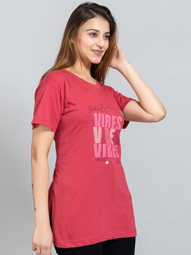 Image of Magknit Fancy Printed Both Side Cut Cotton Blend Half Sleeves and Lightwiegt Trendy Summer Long T Shirt for Women