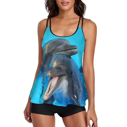 Maillot de bain tankini dauphin femme camoufle ventre avec robe plage et shorty