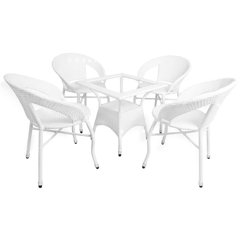 Image of Amazon Brand - Solimo Rattan Wicker 4 Seater Patio Seating Set | 4 Chair and 1 Square Glass Topped Table Set | Coffee Table Furniture for Balcony, Garden, Terrace, Indoor, Outdoor Use (White)