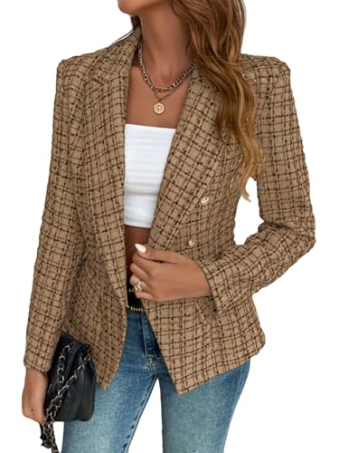 Mina Self 2025 Fall Tweed Blazers for Women Plaid Double-Breasted Petite Cardigan Jackets Cute Winter Coats with Pockets