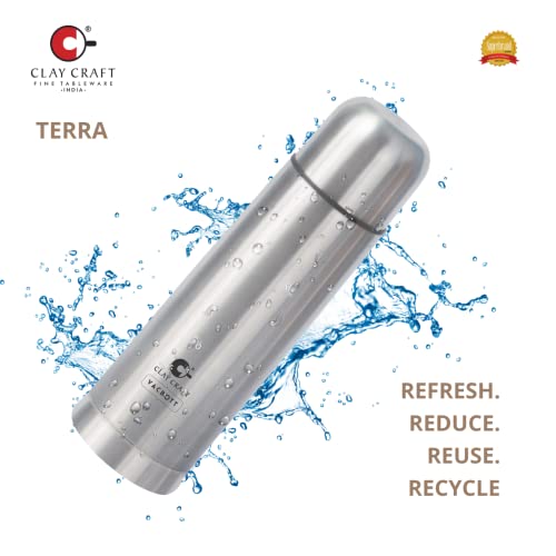 Image of Clay Craft Vacbott Vaccum Bottle, Terra 1000 ml Double Walled 24 Hours Hot and Cold Water Bottle with Bag, 1 L, Silver