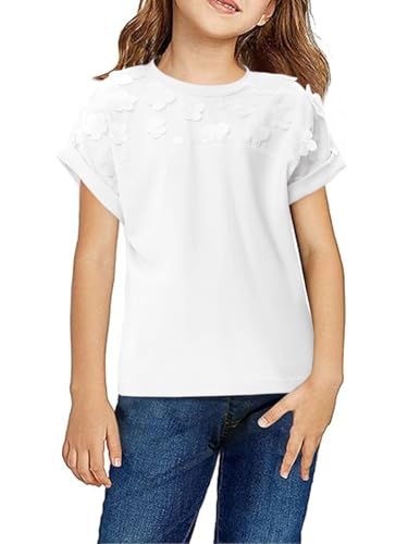 Girls Short Sleeve T-Shirt Top Solid Roll Up Cuffs Crew Neck Fashion Tees with Spliced 3D Floral 3-12Y