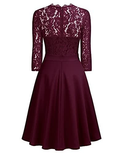 Missmay Women's Retro Floral Lace Crew Neck Half Sleeve Bridesmaid Cocktail A-Line Dress (Large, Wine Red) #TOP3