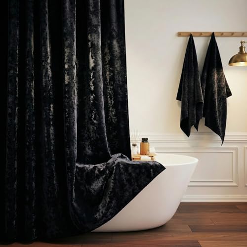 TAMGHO Black Shower Curtain for Bathroom, Luxury Crushed Velvet Shower Curtain Black, Dark Shower Curtain Set with Gold Decro Metal Hooks, Machine Washable Thick Fabric, 72 x 72 inches