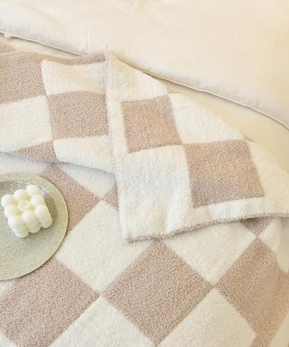 Image of Ultra Soft Cozy Checkered Knitted Throw Blanket Fluffy Microfiber Checkerboard Bed Blanket Lightweight Both Sides Blanket for Couch Sofa Bed (Cream, Throw 50 inchx60 inch)