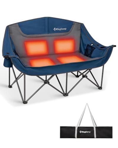 Image of KingCamp Heated Double Camping Chair, Oversized 880lbs Heavy Duty Loveseat for Adults Portable Folding XL 2 Person Couch Padded Comfortable with 3 Heat Levels for Outdoor Sports Lawn, Blue /Grey
