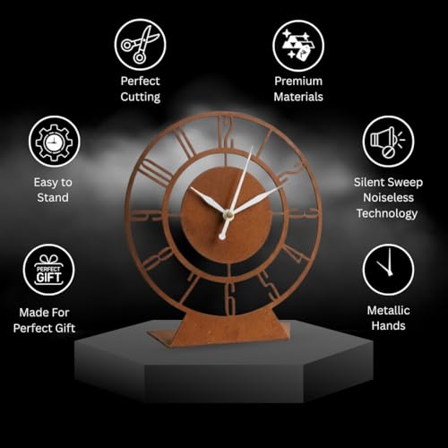 Image of Modern Artistic Decorative Metal Table Analog Clock with Sweep and Silent Machine, Desk Clock for Living Room, Dining Room, Office, Home Decor, Copper, 18x20 CM