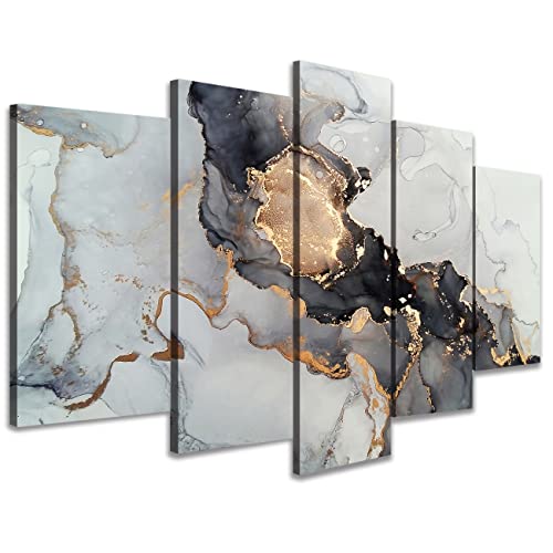 Cuadros 5 paneles de arte gris abstractos de mármol para salón comedor