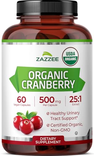 Zazzee USDA Organic Cranberry 25:1 Extract, 500 mg per Capsule, 60 Vegan Capsules, 2 Month Supply, Certified Kosher, Vaccinium Macrocarpon, Urinary Tract & Bladder Support, Non-GMO, Made in the USA