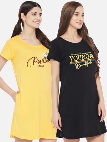 Image of Fflirtygo Women's Cotton Nighty | Printed Knee Length Nighty | Short Sleeve Nighty | Short Nightdress | Long T-Shirt | Regular Fit Night Gown | Nightwear | Sleepwear & Casual Wear Nighty