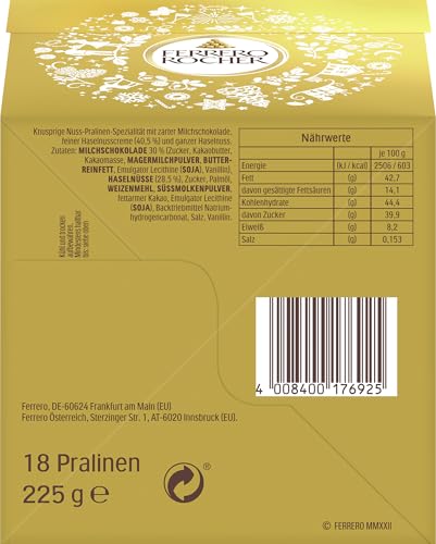 Ferrero Rocher Geschenkbox – Pralinen mit feiner Haselnusscreme & knackigen Haselnusstückchen, umhüllt von zarter Milchschokolade – Geschenk zu Weihnachten – Weihnachtliche Geschenkverpackung – 225 g