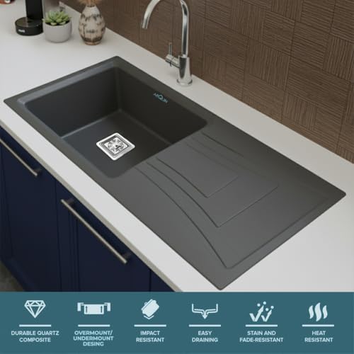 Image of ARQUIN Quartz Kitchen Sink with Drainboard 36x18x9 Inch Grey Granite sink for kitchen basin, UV Protected, Undermount | Topmount Noise Reducing