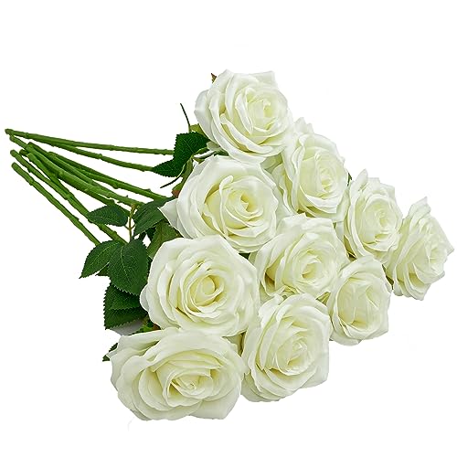 IUKnot Artificial Rose 10pcs Open Flower Bouquet Faux Rose Stems for Wedding Arrangement, Bridal Bouquet, Centerpiece, Fake Faux Silk Flowers (Pale Yellow)