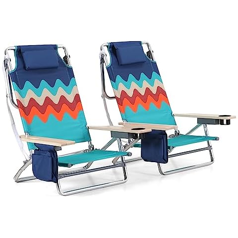 HIGH POINT SPORTS Reclining Folding Backpack Beach Chairs for Adults, 5 Positions Portable Outdoor Camping Chairs with Towel Bar, 2 Pack, Blue Cover