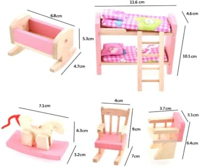 DecoBay Wooden Dolls House Furniture 4 Sets, 5 Sets, 6 Sets Bedroom, Kitchen, Bathroom and Living Room with Family Dolls (6 Sets of Rooms and 7 Family Dolls)