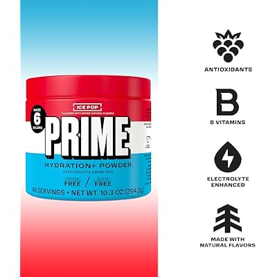 PRIME HYDRATION Powder ICE POP,Caffeine-Free,Electrolyte Powder On The Go,250mg BCAAs,B Vitamins,Antioxidants,Low Sugar,Vegan,5 Gallon Tub,(Pack of 2)