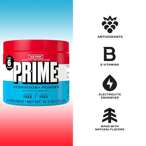 Image of PRIME HYDRATION+ Electrolyte Powder, Ice Pop, Sugar Free Hydration Drink Mix with Potassium, Magnesium & B Vitamins to Replenish Fluids, Caffeine Free, 6 Gallon Tub, 48 SRV