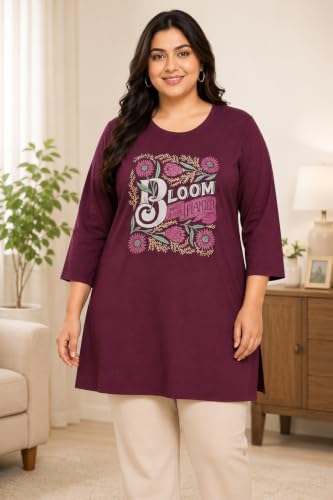 Image of RYSH Women's Plus Size Printed Nightshirt | Round Neck | 3 /4 Sleeve | Relaxed Fit Long Nightwear Top |