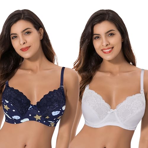 Curve Muse Plus Size Nursing Underwire Bra with Drop-Down Cups (Pack of 2)-Navy Print Yellow,White-40DD