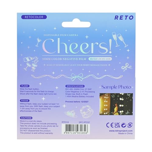Image of Retocolor Cheers 35mm Disposable Film Camera 27EXP, ISO400, Color Negative Film, Focus Free, Easy to Use, Built in Flash, Single Use (Film and Battery Included) (Cheers)