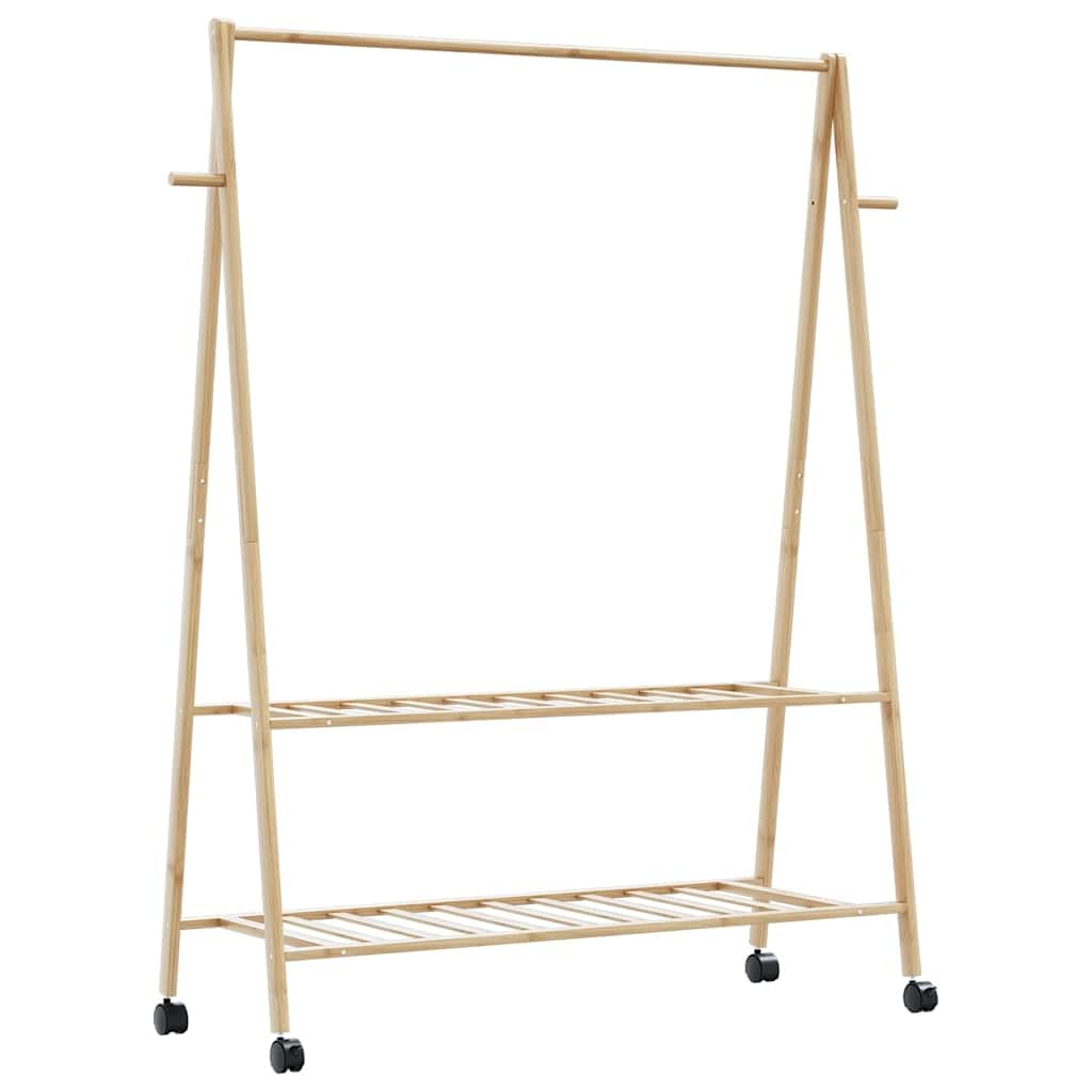 Perchero de bambú con estantes y ruedas, 132 x 45,5 x 155,5 cm, plegable, para pasillo, dormitorio, vestidor