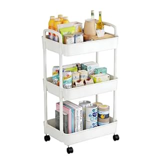 Multibao 3 Tier Storage Trolley Cart on Wheels with Handle Kitchen Bathroom Laundry Narrow Space Rack Space-Saving Mobile Shelving Organizer L35cm x W24cm x H68cm (White)