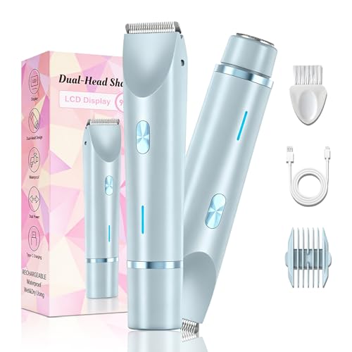 Debark 2 in 1 Bikini Trimmer for Women – Blue Electric Razor, IPX7 Waterproof Wet & Dry Use, USB Rechargeable Dual Head Shaver for Pubic Hair, Face, Legs & Underarm