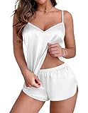 Ekouaer Silk Pajamas Set for Women Satin Camisole Sleepwear Lingerie V-Neck Cami Top and Shorts Pjs White