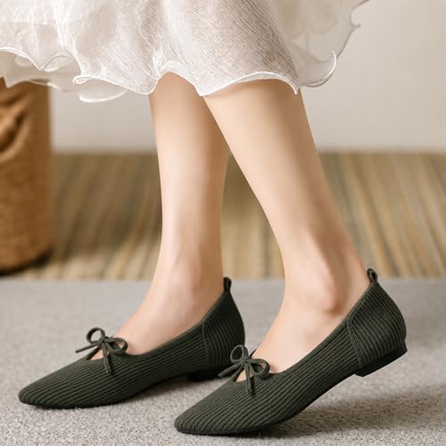 Image of TINGRISE Women's Pointed Toe Flats Comfortable Knit Ballet Shoes Washable Dressy with Bow Business Casual Work Shoes