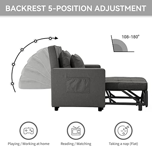 3-In-1 Convertible Pull Out Sleeper Chair Bed, Folding Sofa Bed With Adjustable Backrest, Multi-Functional Single Armchair,Modern Linen Fabric (Linen Dark Grey) #TOP4