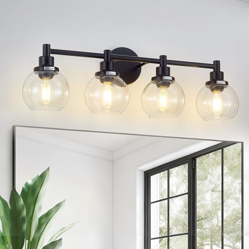 Image of 4-Light Bathroom Light Fixture Black Vanity Lights Over Mirror Modern Wall Sconce Farmhouse Vintage Bathroom Vanity Lighting with Glass Shade for Bedroom Hallway Cabinet Bathroom