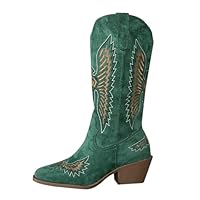 Boots for Women UK,Mid Calf Cowgirl Chunky Low Heel Women's Cowboy Boot Embroidery Stitched Western Shoes for Party and Dress Up Point Toe Shoes Cow Girl Boots Green