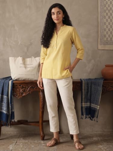 Image of SAADAA Women Short Kurti Airy Linen Regular Fit Kurta with 3 /4th Sleeves, Mandarin Collar, Side Slit Perfect for Casual, Formal, and Ethnic Wear