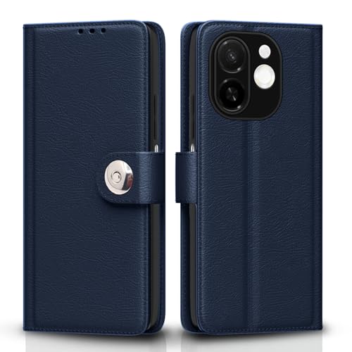 Image of Pikkme Flip Cover for Tecno Spark 30C 5G Leather Finish | Inside TPU with Card Pockets | Wallet Stand and Shock Proof | Complete Protection Button Flip Case(Blue)