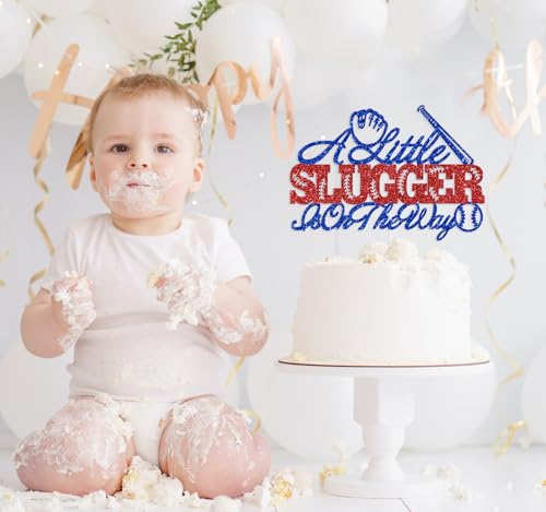 A Little Slugger is on the Way Cake Topper, American Baseball 1st Birthday for Boy, Sport Themed Rookie Birthday/Gender Reveal/Baby Shower Party Decoration Supplies, Blue and Red Glitter by NARLOPI - Used condition - Image 5