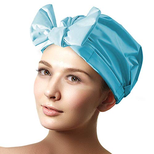 PUSSAER Shower Cap for Women Reusable Long Hair, Upgrade Double Waterproof, PONGEE + PU Coating Extra Large Shower Hair Hat, Machine Washable, Long Life, Adjustable(11 inches, Baby Blue Bowknot)
