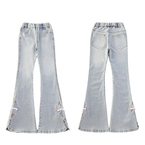 Girls Flared Jeans Straight Leg Baggy Wash Denim Pants 𝗩intage Embroidery Bell Bottom Trousers with Pocket