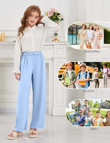 Image of Girls Wide Leg Palazzo Pant Loose Straight Cute Bow Waist Spring Summer Lightweight Dress Pant for Kids 5-14Y