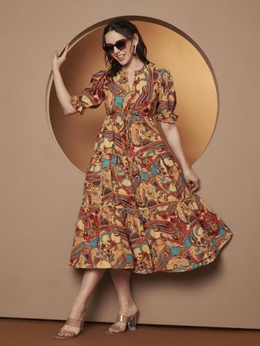 Image of KZULLY | Dress for Women | Midi Dress | Floral Printed | Polyester Fabric | Bell Sleeve Ethnic A-Line | Tiered Fit & Flare | Casual & Festive