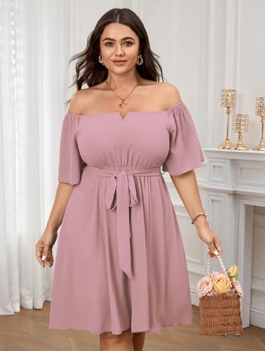 Image of SCOMCHIC Womens Plus Size Cocktail Dress Summer Off Shoulder Short Sleeve Flowy Ruffle A-Line Cute Mini Dress with Belt