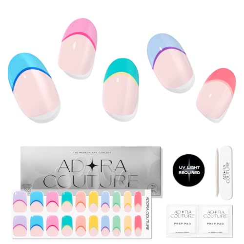 Adora Couture Semi Cured Gel Nail Strips with 20 Pieces, Salon Quality Wraps for Women, UV Gel Stickers, UV Light Required, Rainbow French