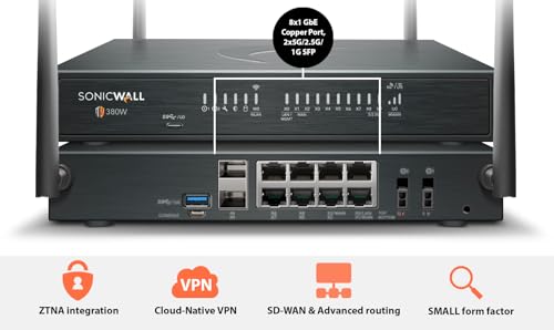 Image of SonicWall TZ380W - Secure Upgrade - 2-Year Advanced Edition (03-SSC-7442) - Next-Generation Firewall with 2YR Advanced Protection Service Suite - 1.5 Gbps Throughput, 1 Gbps Threat Prevention