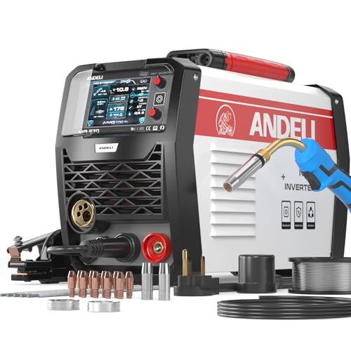 ANDELI Gas Gasless MIG Welder, 250Apm 110V/220V Dual Voltage MIG Welding Machine, Gas MIG/Flux Core MIG/Spool Gun MIG/Lift Tig/Stick 5-In-1 LCD Digital Display Multiprocess Aluminum MIG Welder