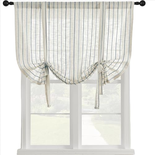 Blue Striped Sheer Curtain Tie Up Balloon Curtain for Kitchen Bathroom Rod Pocket Farmhouse Linen Voile Valance for Living Room Small Window 1 Panel Width 39 x 47 inches Length