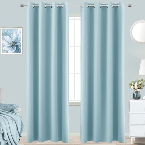 Image of Light Blue Grommet Blackout Curtains 96 Inch Length for Living Room